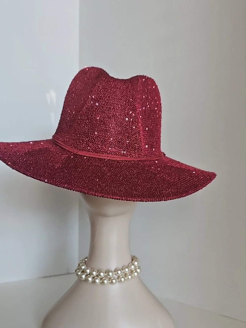 Beloved Millinery Women's Wide Brim Panama Style Sparkle Wine Straw Fedora Hat